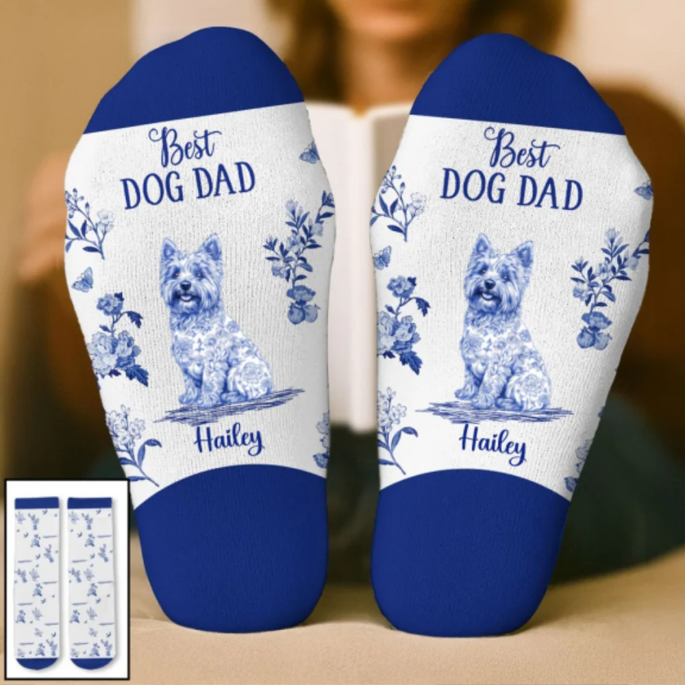 Dog Mom Blue Toile - Personalized Custom Crew Socks - Image 9