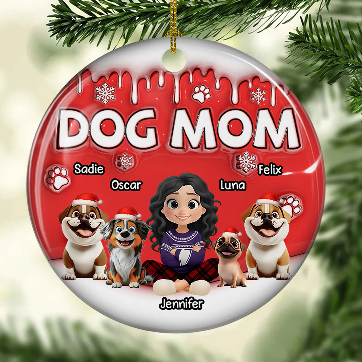Dog Mom Cartoon In Christmas - Personalized Custom 3D Inflated Effect Ceramic Ornament - Image 4