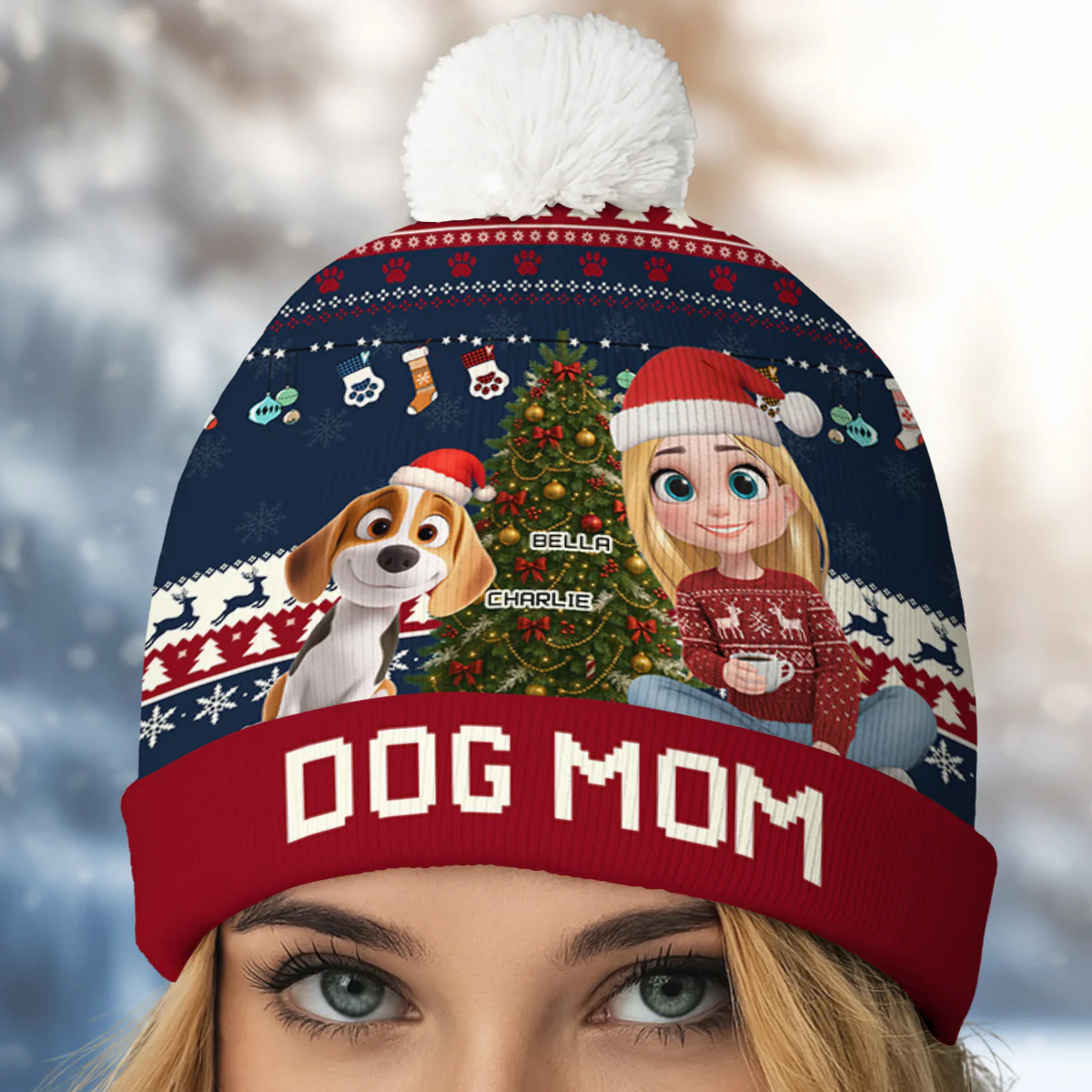 Dog Mom Dad This Pawliday - Personalized Custom Bobble Beanie Hat - Image 2