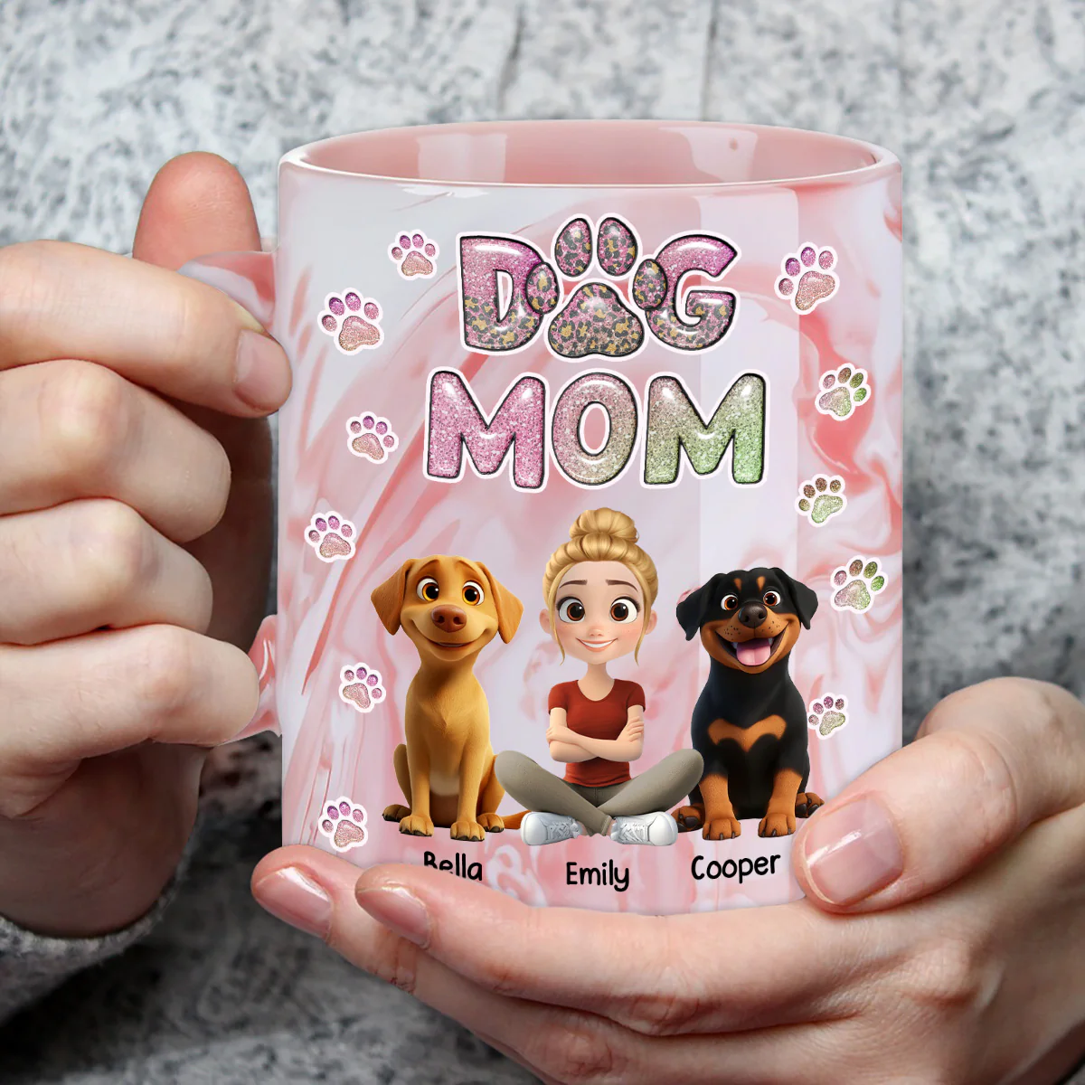 Dog Mom Lovely Chibi - Personalized Custom 3D Inflated Effect Pink Marble Mug - Image 4