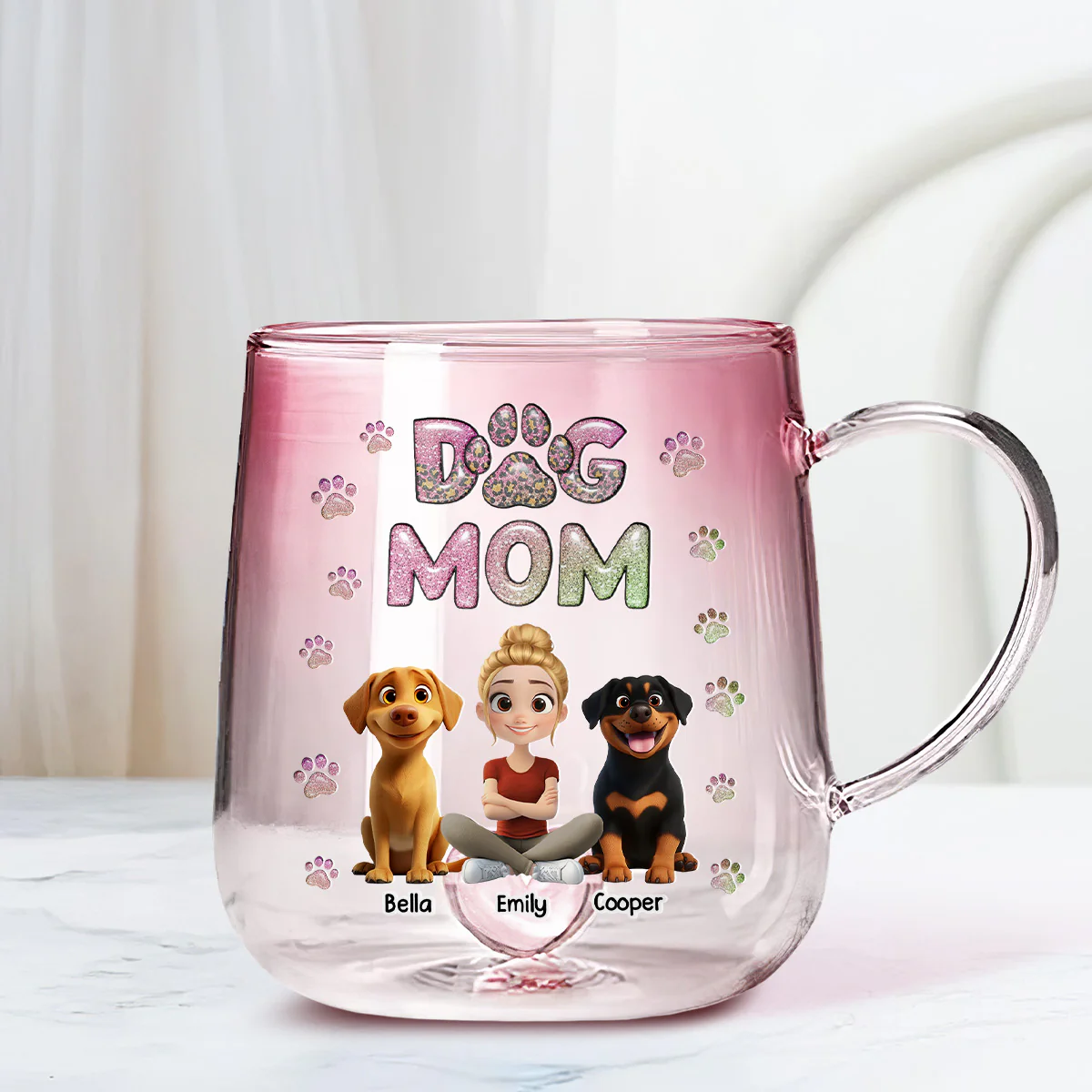 Dog Mom Lovely Chibi - Personalized Custom Pink Gradient Glass Mug - Image 4