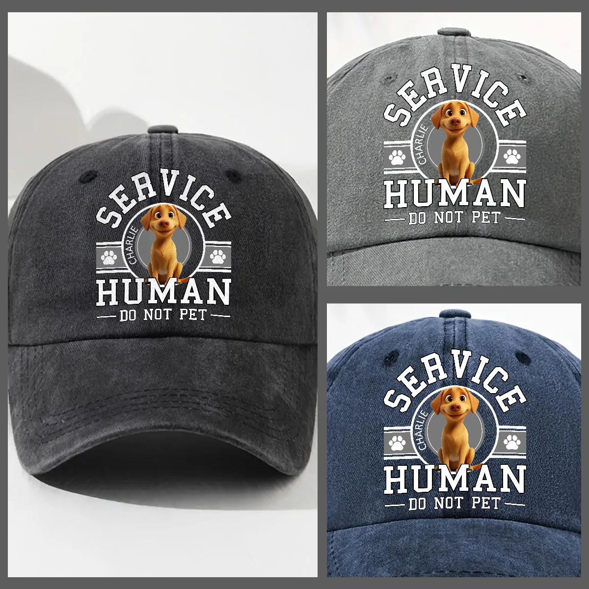 Dog Service Human Cartoon - Personalized Custom Vintage Washed Denim Cap - Image 5