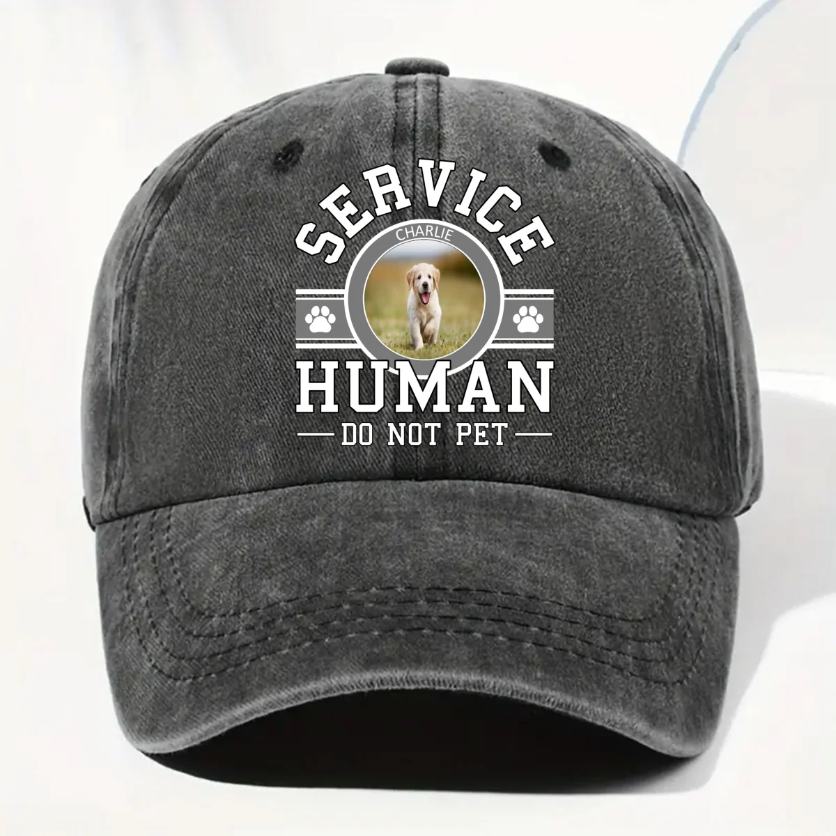 Dog Service Human Cartoon Photo - Personalized Custom Vintage Washed Denim Cap - Image 4