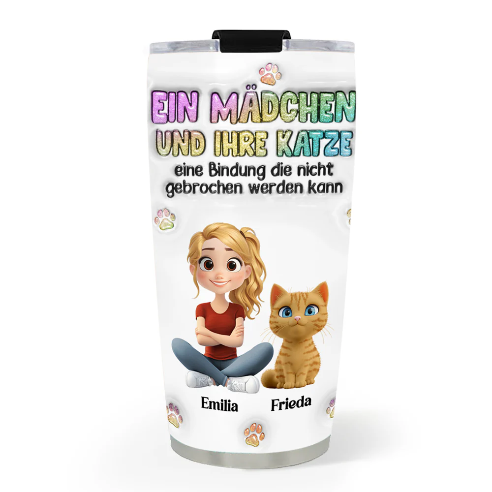 Ein Mädchen mit ihrer Katze – Personalisierter 3D-Thermobecher mit aufblasbarem Effekt