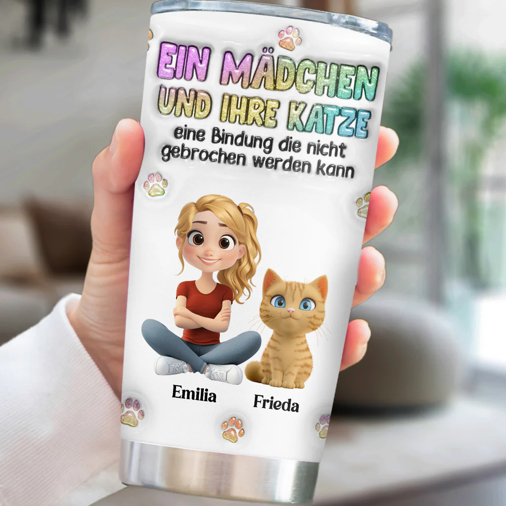 Ein Mädchen mit ihrer Katze – Personalisierter 3D-Thermobecher mit aufblasbarem Effekt - Image 3