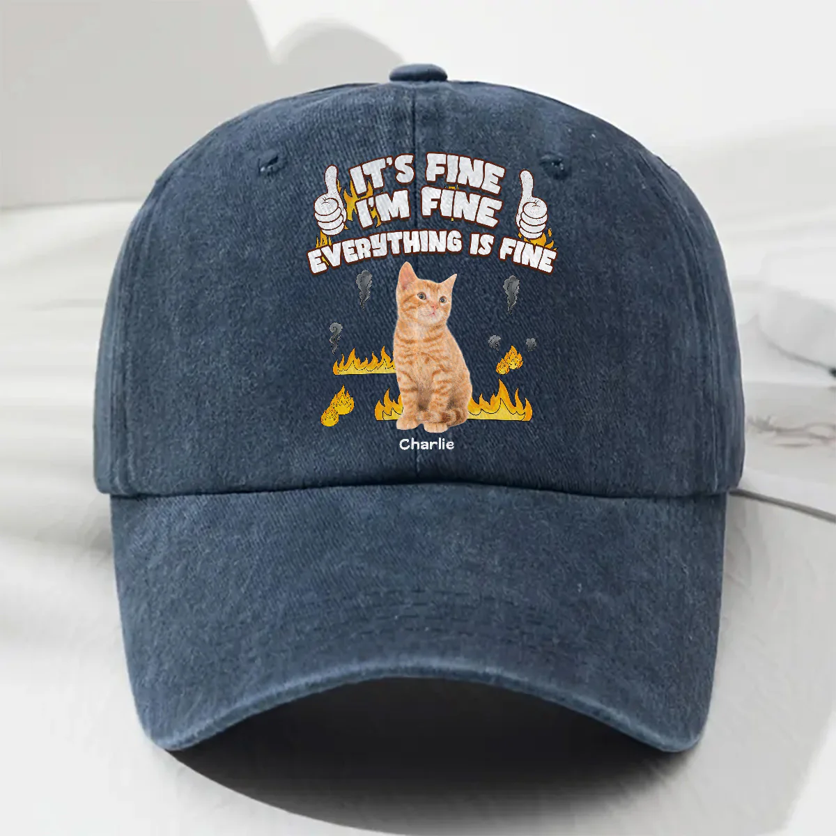 Everything Is Fine Photo - Personalized Custom Vintage Washed Denim Cap - Image 2
