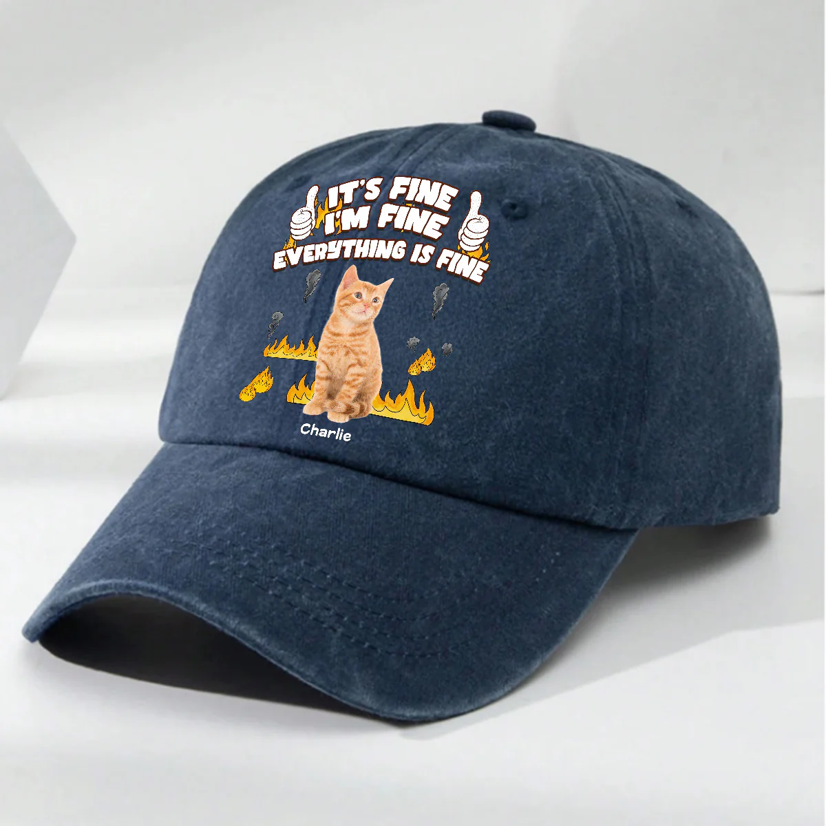 Everything Is Fine Photo - Personalized Custom Vintage Washed Denim Cap - Image 3