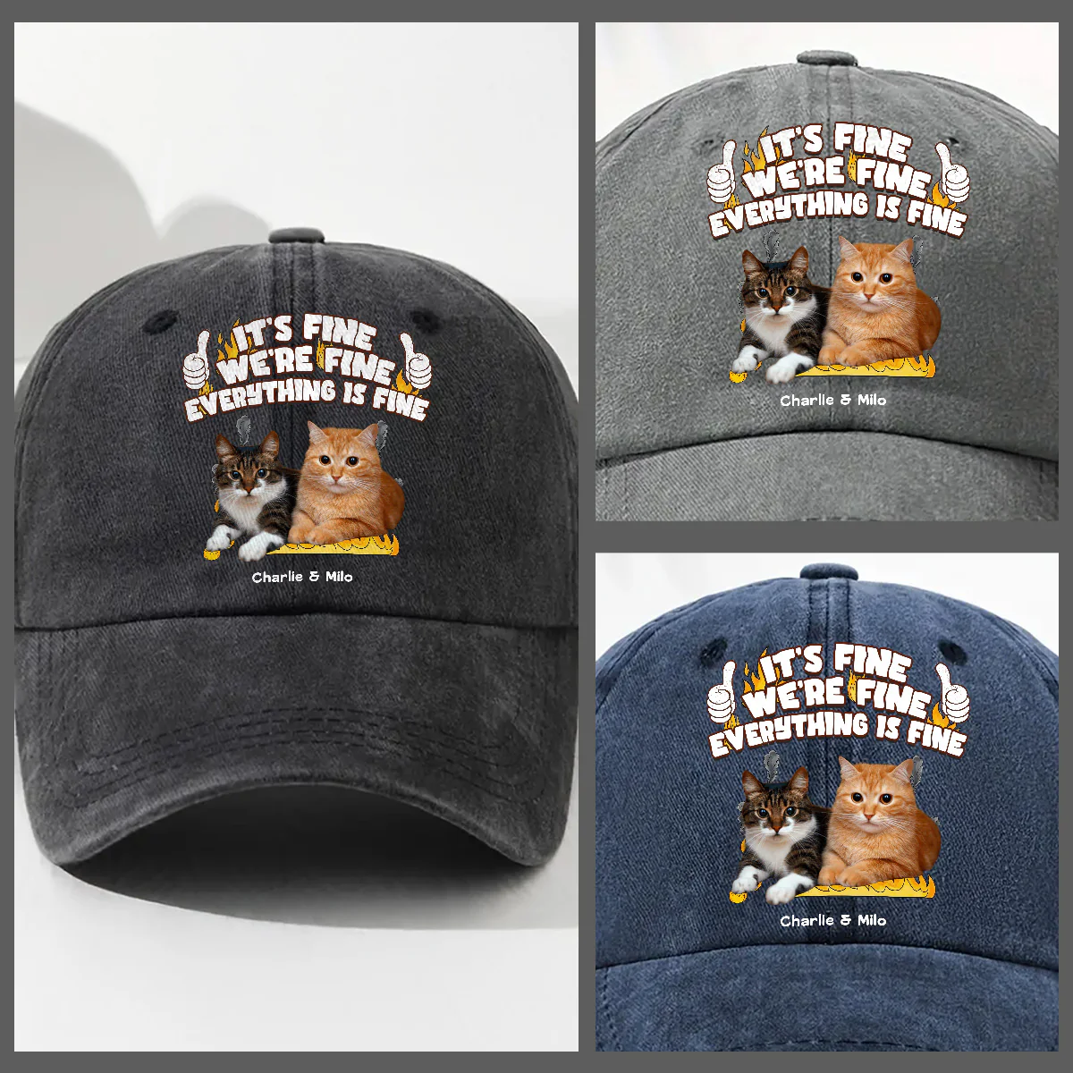 Everything Is Fine Photo - Personalized Custom Vintage Washed Denim Cap - Image 4