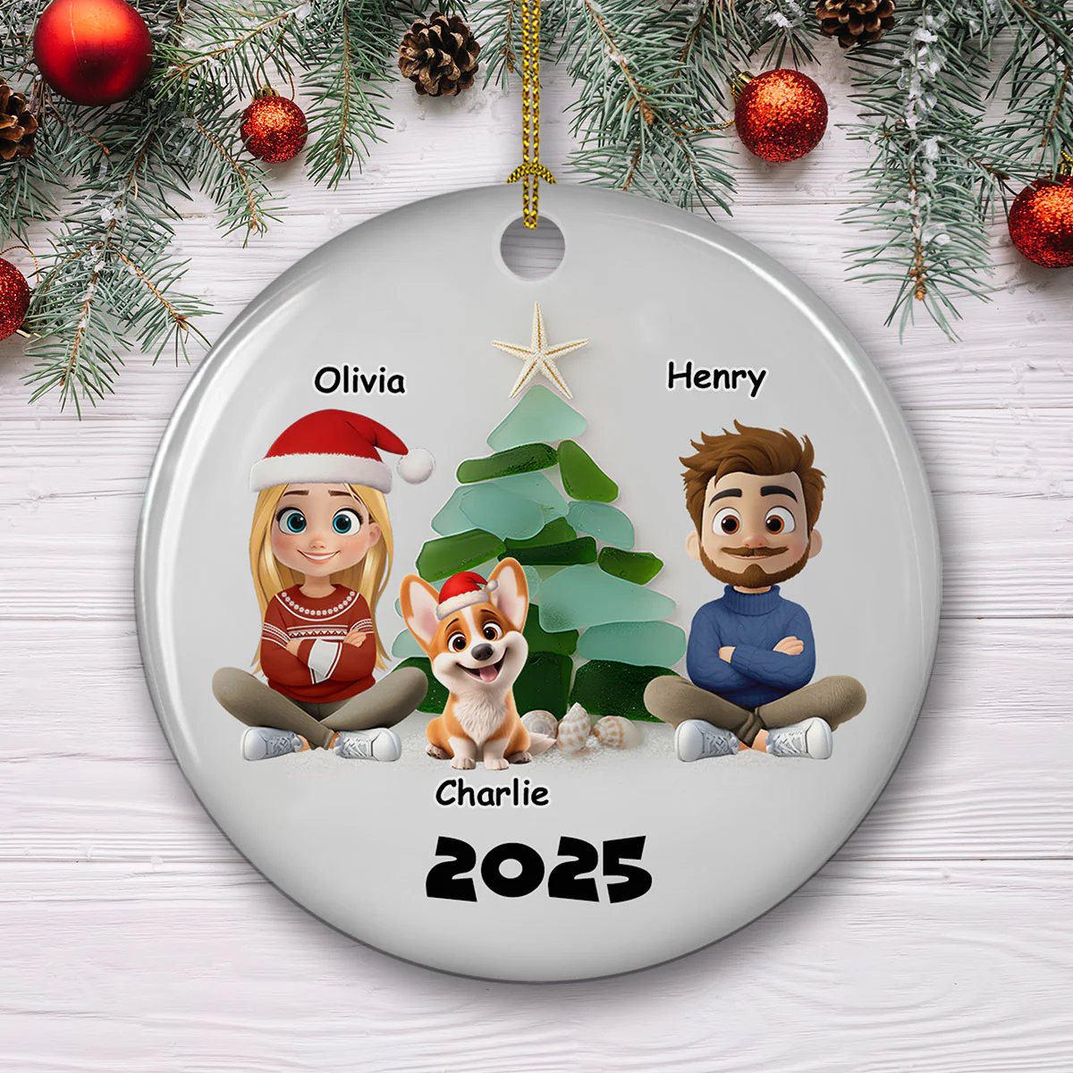 Family Sea Glass Christmas Tree - Personalized Custom Ceramic Ornament - Image 2