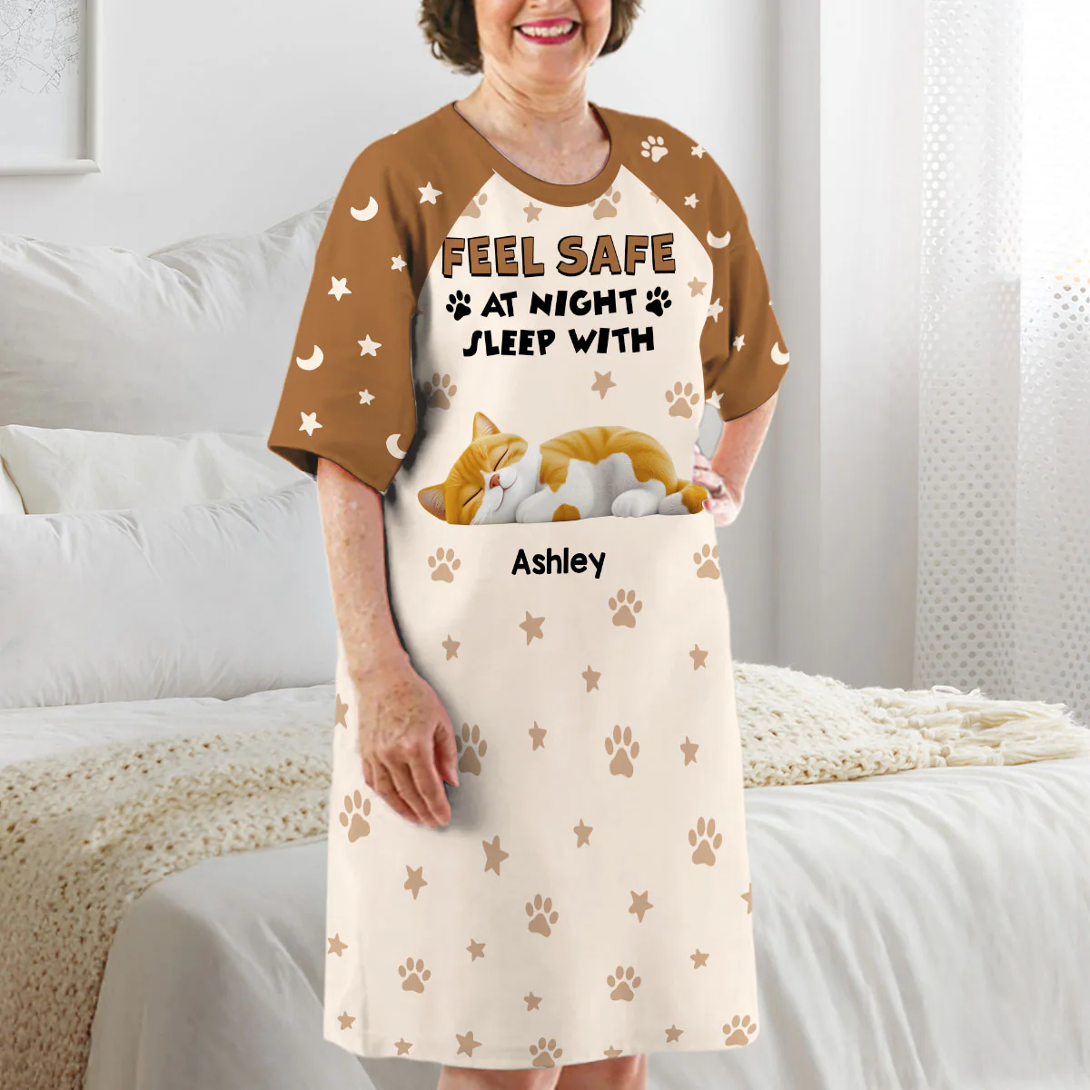 Feel Safe At Night With My Pets - Personalized Custom 3/4 Sleeve Dress - Image 3