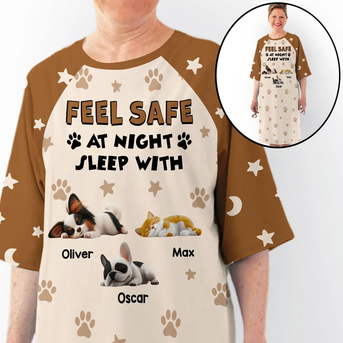 Feel Safe At Night With My Pets - Personalized Custom 3/4 Sleeve Dress - Image 4