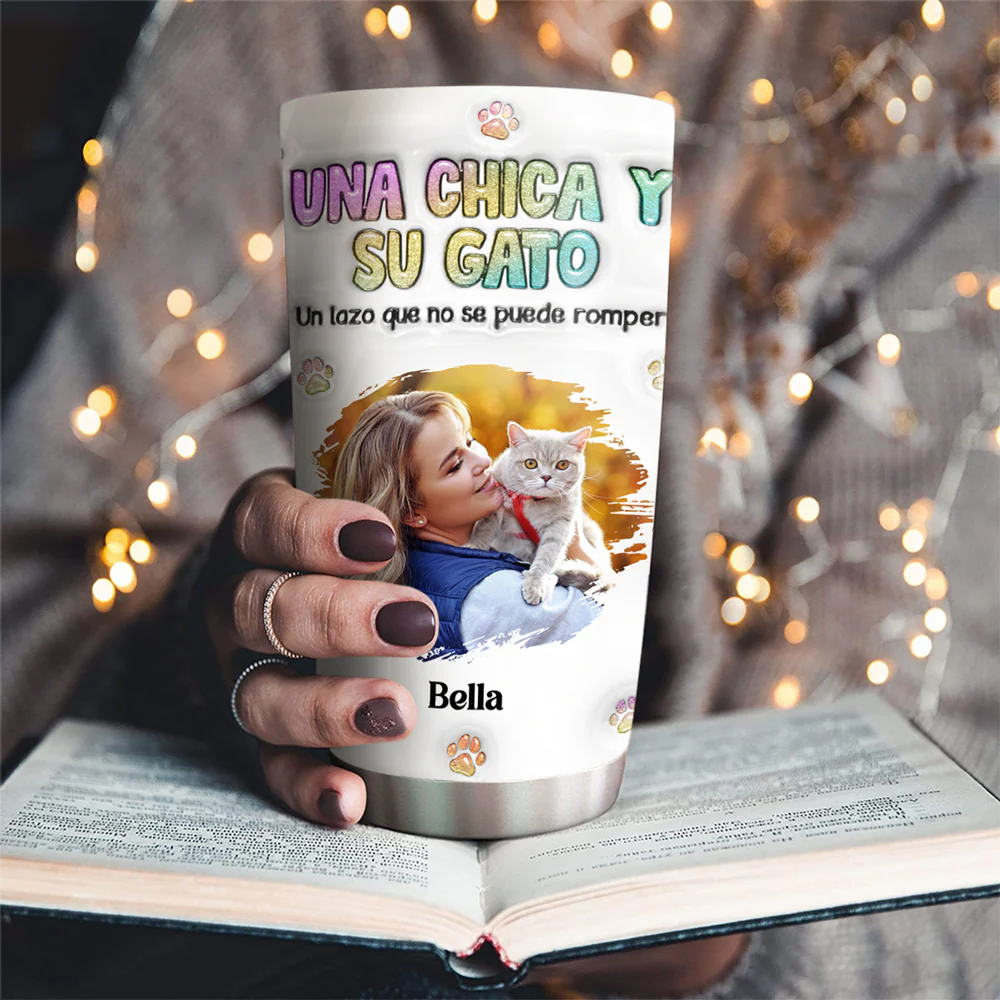 Foto de una chica y su gato – Vaso térmico personalizado con efecto 3D inflado - Image 4
