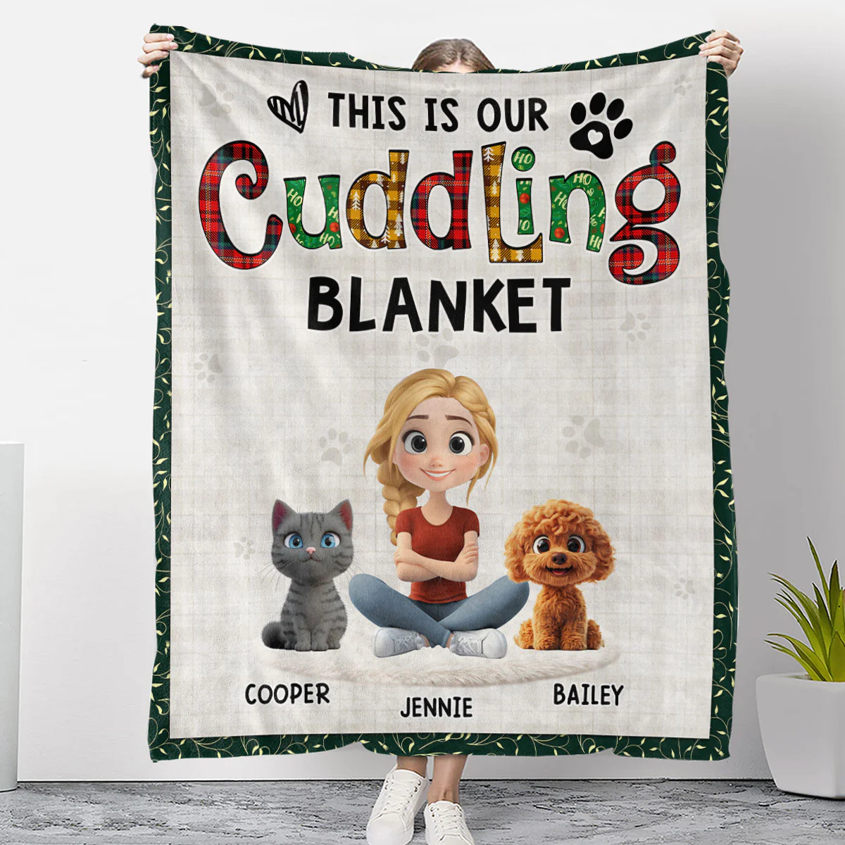 Funny Cuddle Human And Pet - Personalized Custom Fleece Blanket