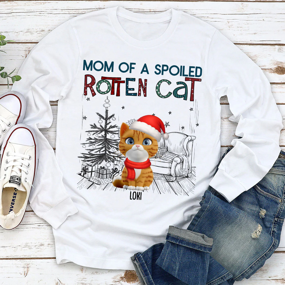 Funny Mom Dad Cat Christmas - Personalized Custom Long Sleeve T-Shirt - Image 2