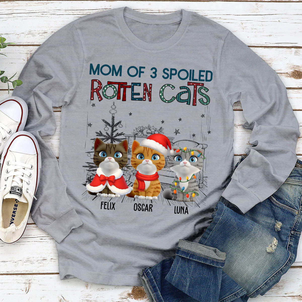 Funny Mom Dad Cat Christmas - Personalized Custom Long Sleeve T-Shirt - Image 3