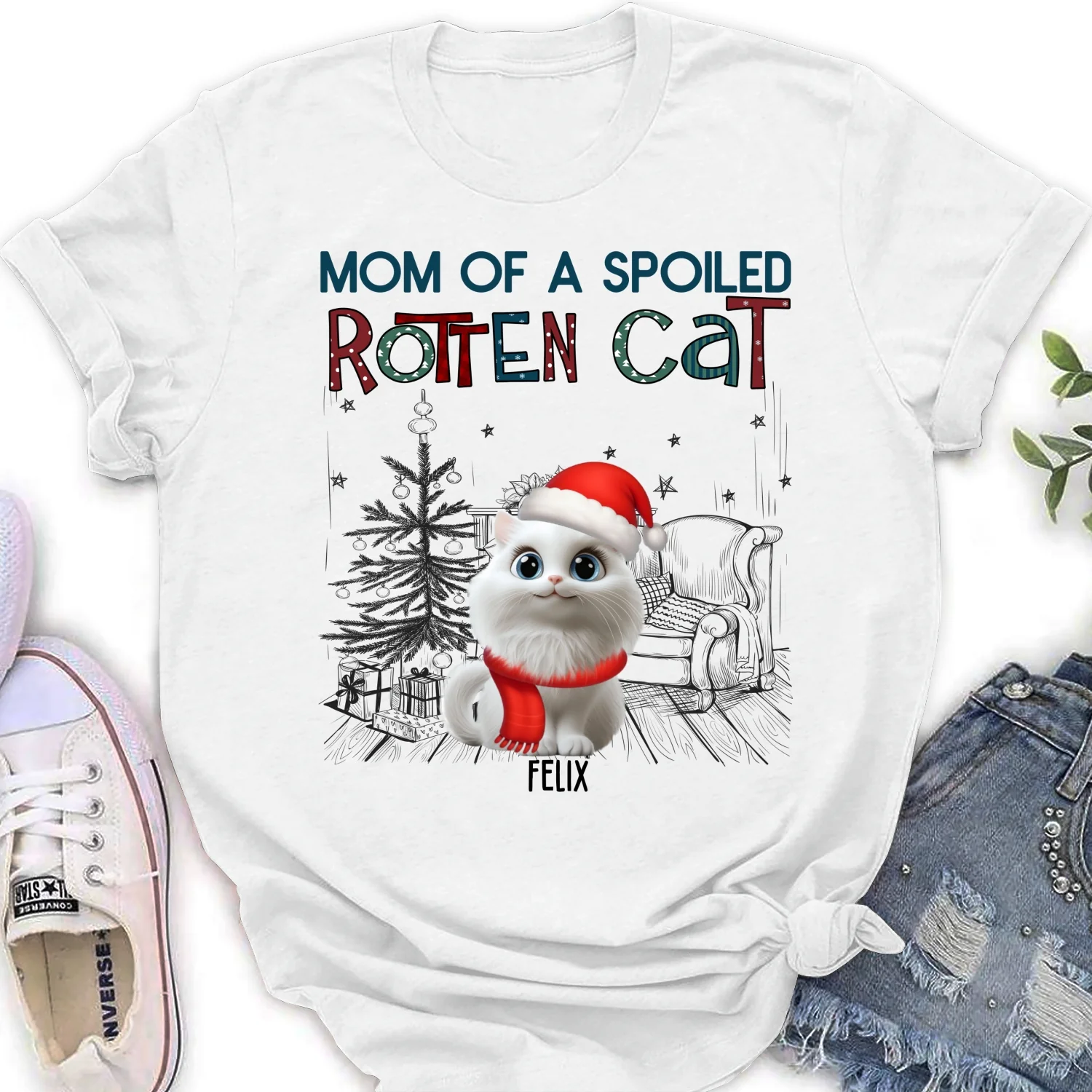 Funny Mom Dad Cat Christmas - Personalized Custom Women T-Shirt - Image 6