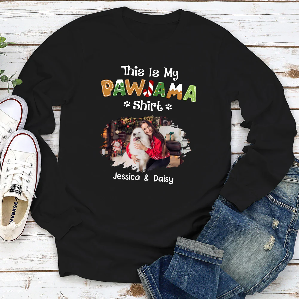 Funny Pawjama Shirt Cartoon Photo - Personalized Custom Long Sleeve T-Shirt - Image 2