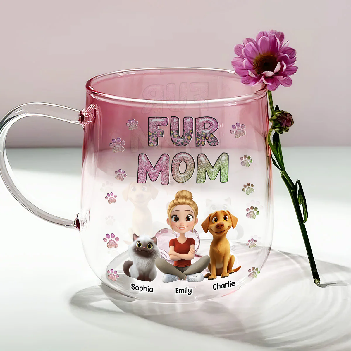 Fur Mom Lovely Chibi - Personalized Custom Pink Gradient Glass Mug - Image 2