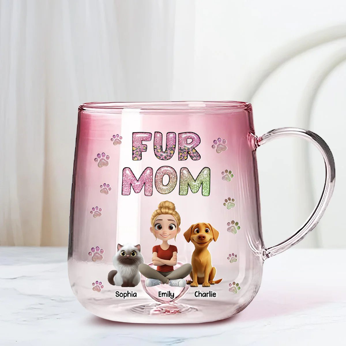 Fur Mom Lovely Chibi - Personalized Custom Pink Gradient Glass Mug - Image 3