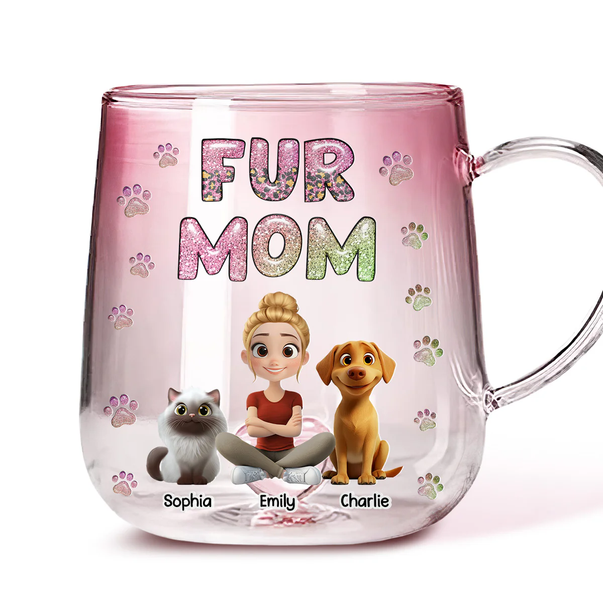 Fur Mom Lovely Chibi - Personalized Custom Pink Gradient Glass Mug - Image 4
