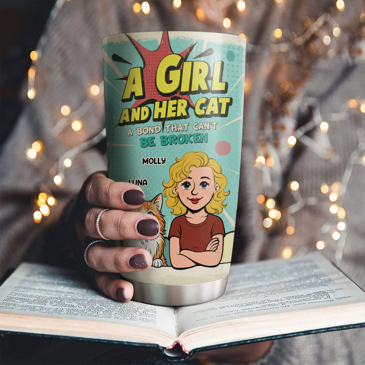 Girl And Cat Comic - Personalized Custom Tumbler - Image 2