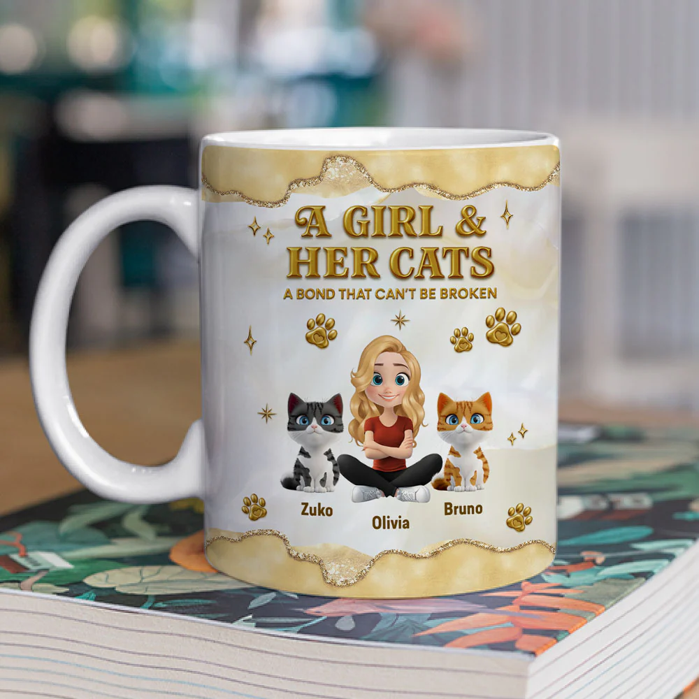 Girl And Cat Yellow - Personalized Custom 3D Effect Mug - Image 2