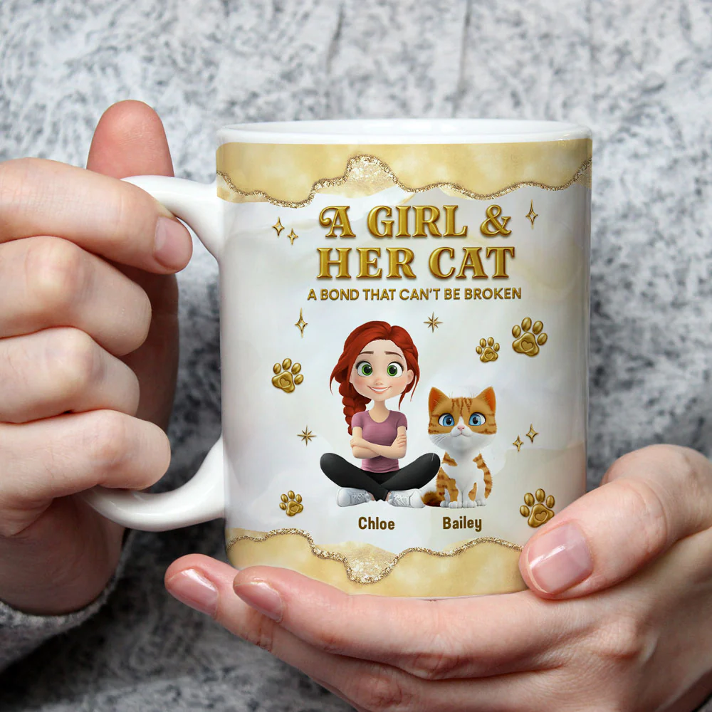 Girl And Cat Yellow - Personalized Custom 3D Effect Mug - Image 3