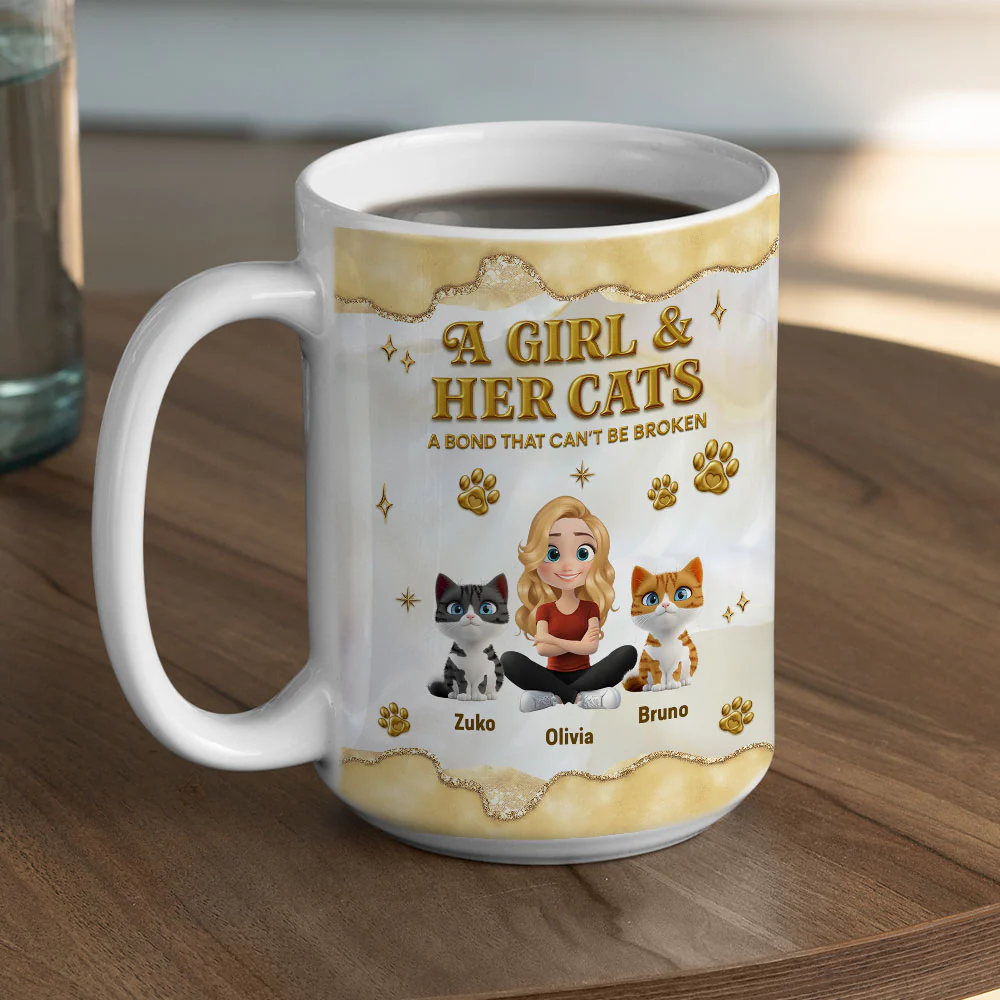 Girl And Cat Yellow - Personalized Custom 3D Effect Mug - Image 5