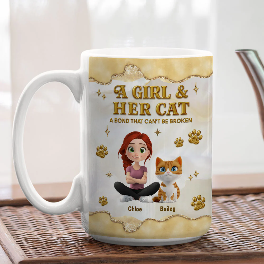 Girl And Cat Yellow - Personalized Custom 3D Effect Mug - Image 6