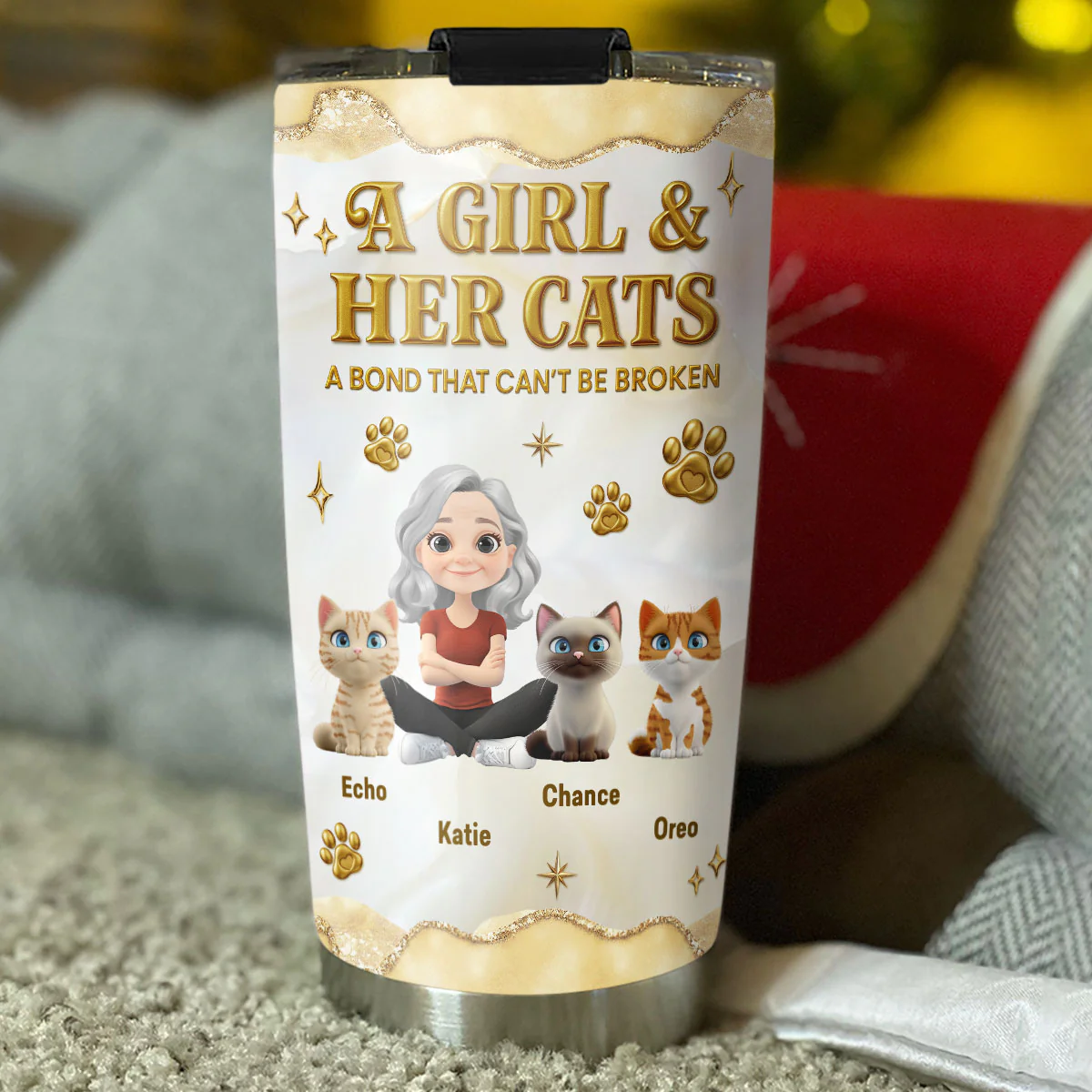 Girl And Cat Yellow - Personalized Custom 3D Effect Tumbler - Image 3