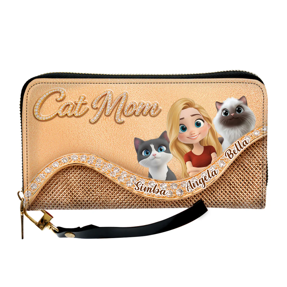 Gold Chibi Cat Mom - Personalized Custom Leather Wallet