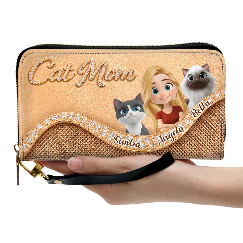 Gold Chibi Cat Mom - Personalized Custom Leather Wallet - Image 3