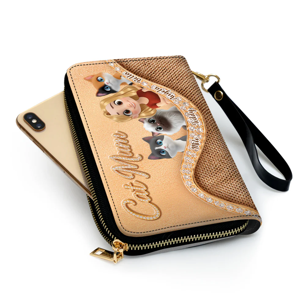 Gold Chibi Cat Mom - Personalized Custom Leather Wallet - Image 4