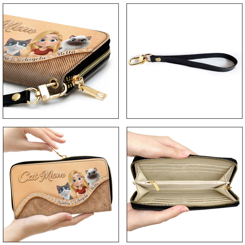 Gold Chibi Cat Mom - Personalized Custom Leather Wallet - Image 6