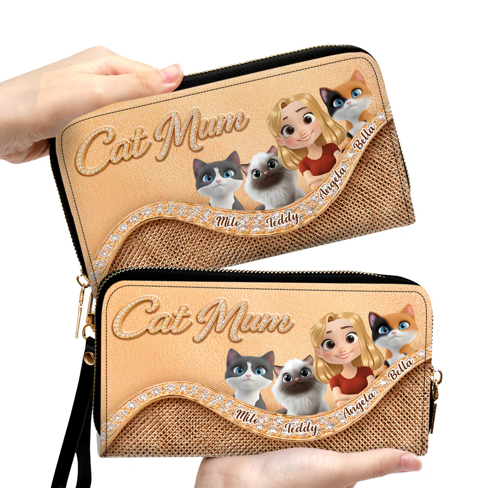 Gold Chibi Cat Mom - Personalized Custom Leather Wallet - Image 7