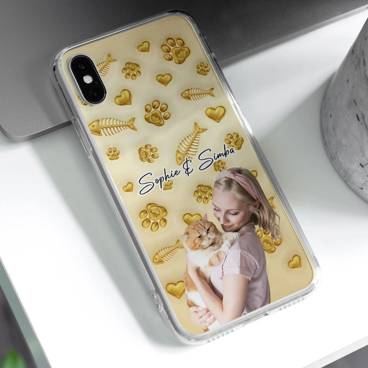 Gold Glitter Cat Mom Photo - Personalized Custom 3D Effect Phone Case - Image 3