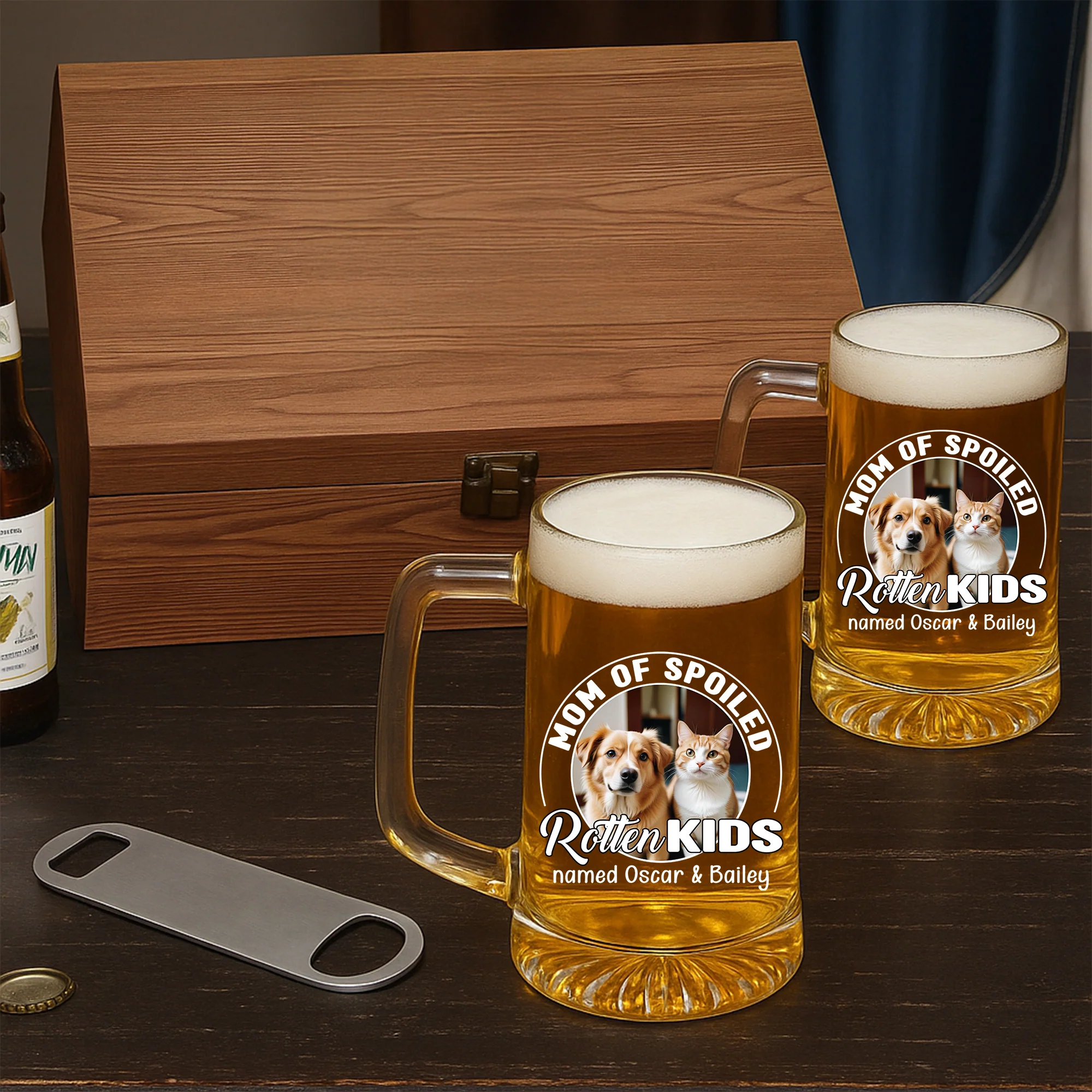 Handsome Parents Of Pet Chibi Photo - Personalized Custom Beer Glass With Handle - Image 4