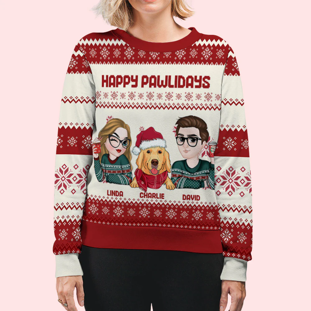 Happy Pawlidays Couple - Personalized Custom All-Over-Print Sweatshirt - Image 2