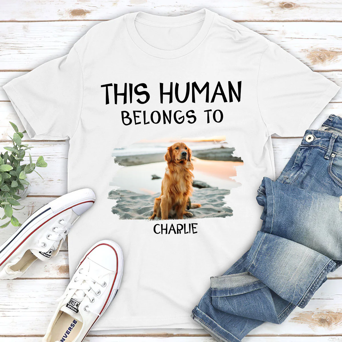 Human And Dog Line Cartoon Photo - Personalized Custom Unisex T-Shirt - Image 2
