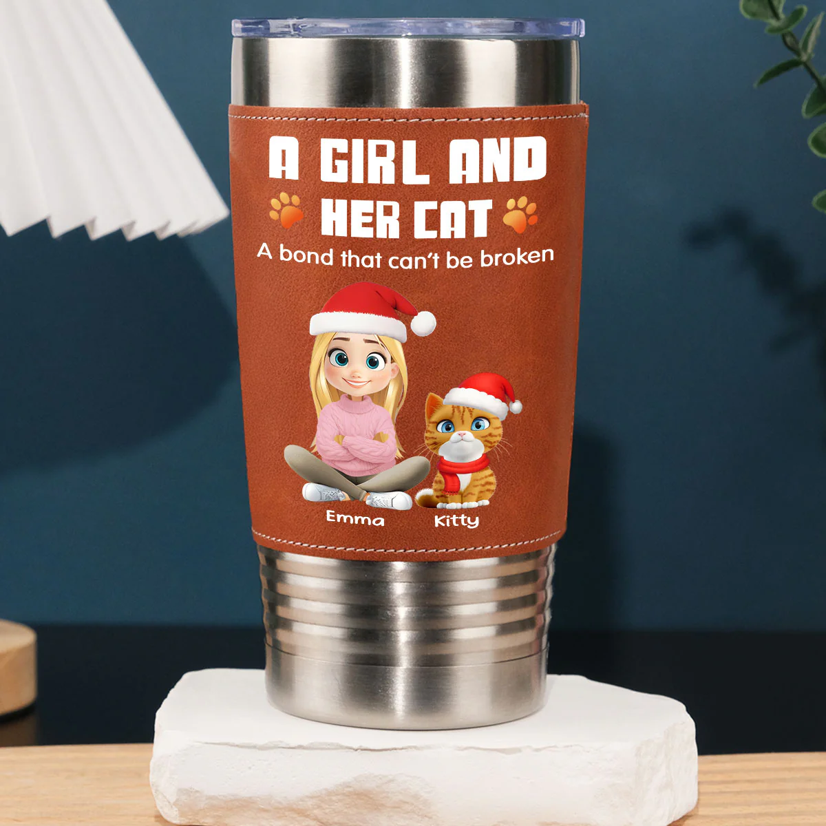 Human And Their Cat Cartoon Christmas - Personalized Custom Leather Tumbler
