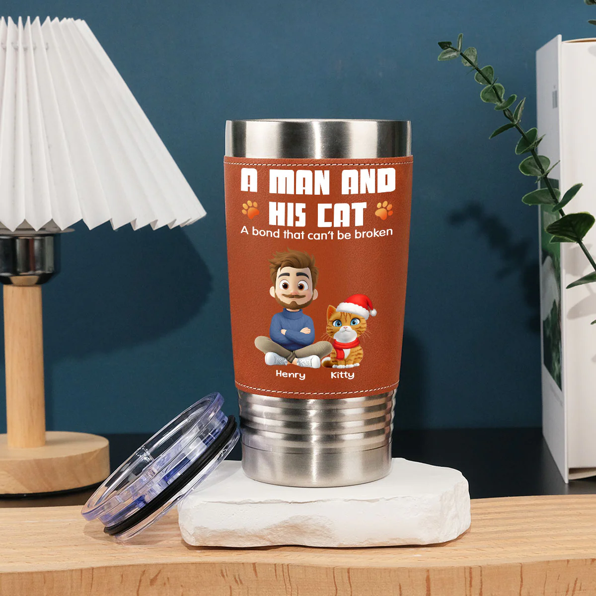 Human And Their Cat Cartoon Christmas - Personalized Custom Leather Tumbler - Image 4