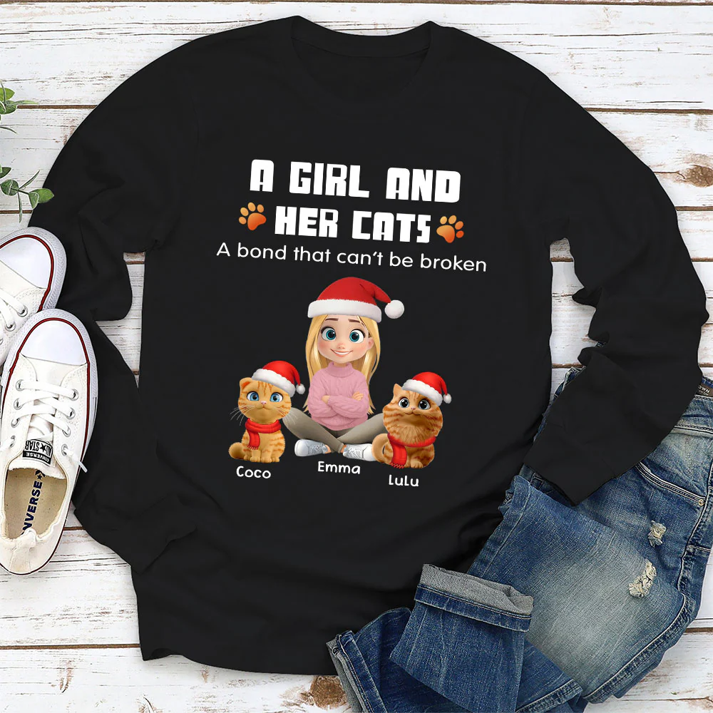 Human And Their Cat Cartoon Christmas - Personalized Custom Long Sleeve T-shirt - Image 3