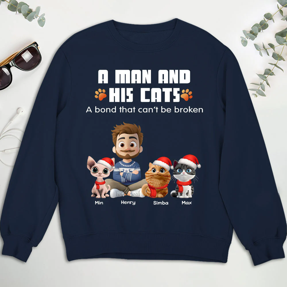 Human And Their Cat Cartoon Christmas - Personalized Custom Sweatshirt - Image 2