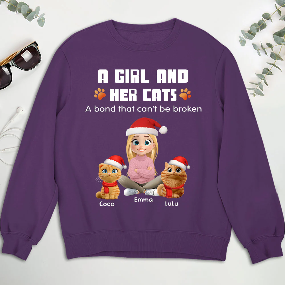 Human And Their Cat Cartoon Christmas - Personalized Custom Sweatshirt - Image 3