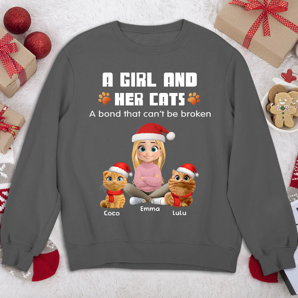 Human And Their Cat Cartoon Christmas - Personalized Custom Sweatshirt - Image 4
