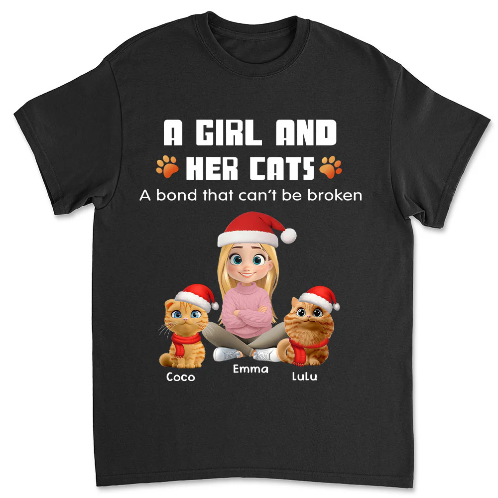 Human And Their Cat Cartoon Christmas - Personalized Custom Unisex T-shirt