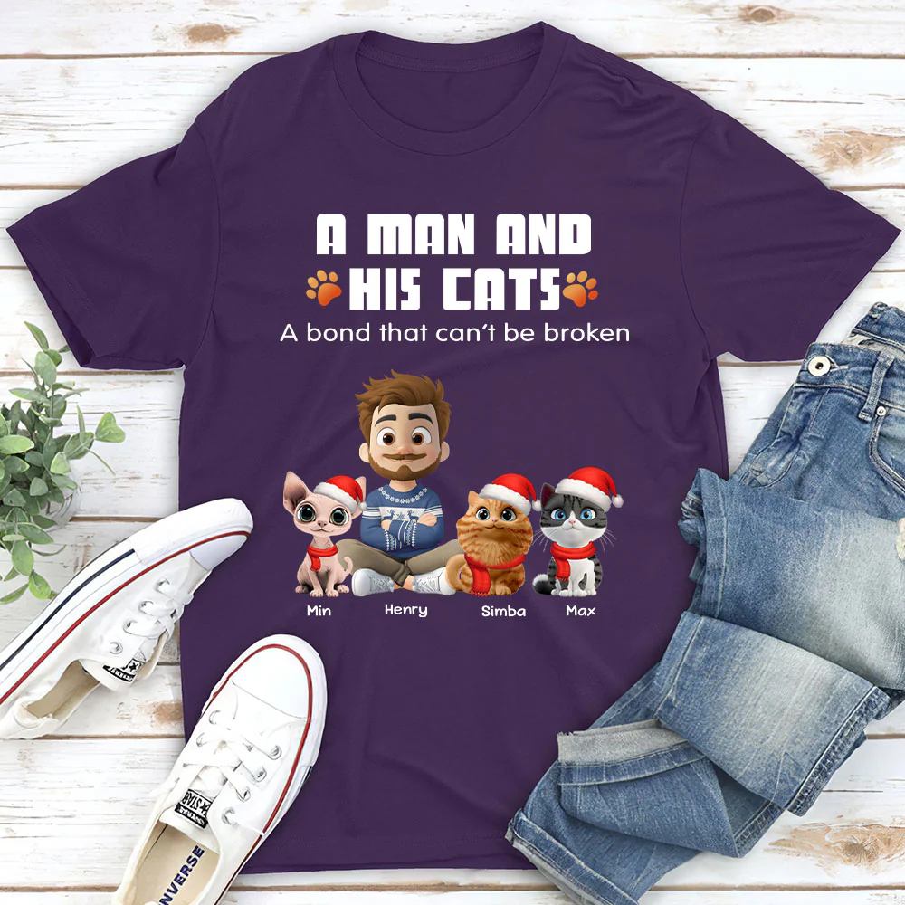 Human And Their Cat Cartoon Christmas - Personalized Custom Unisex T-shirt - Image 3