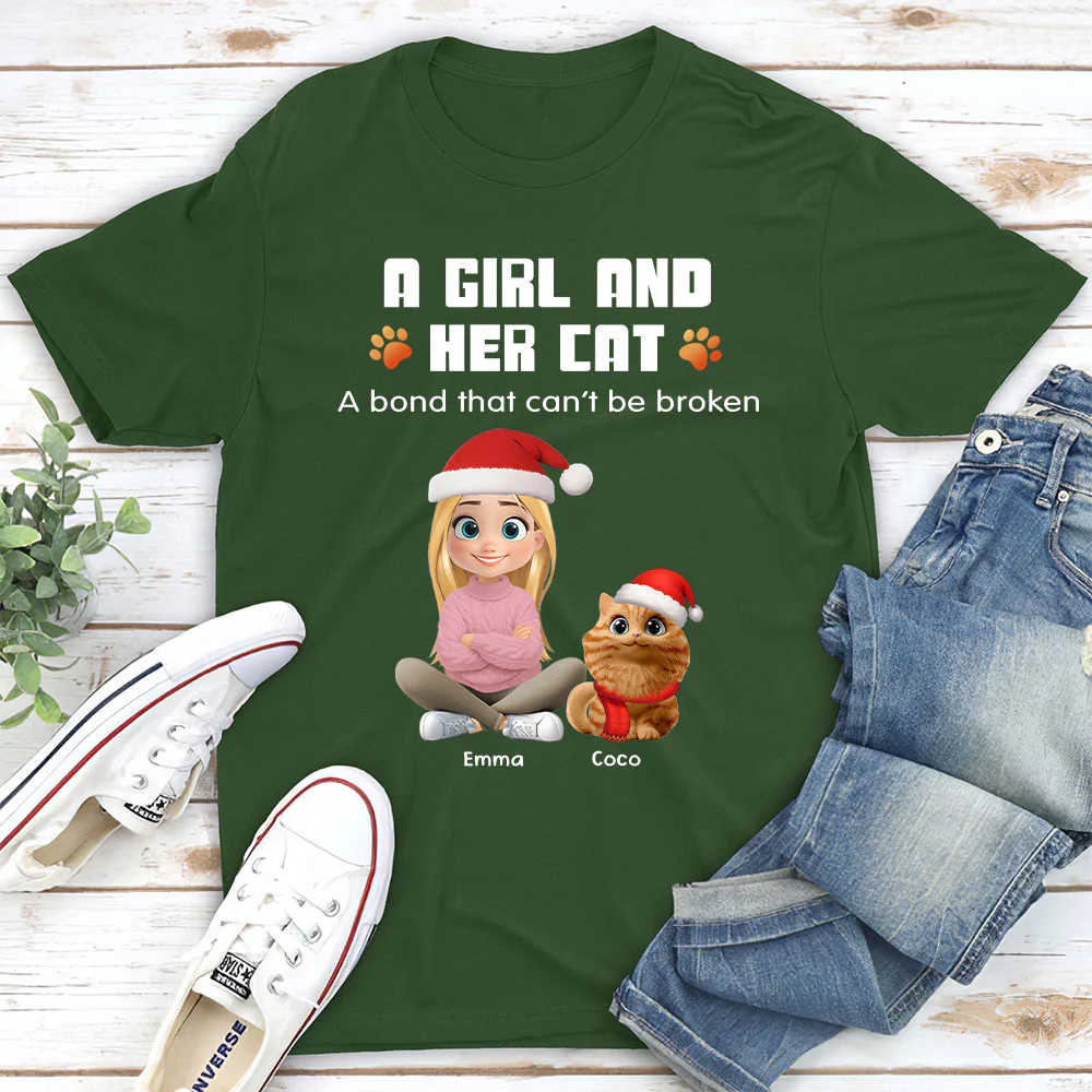Human And Their Cat Cartoon Christmas - Personalized Custom Unisex T-shirt - Image 4