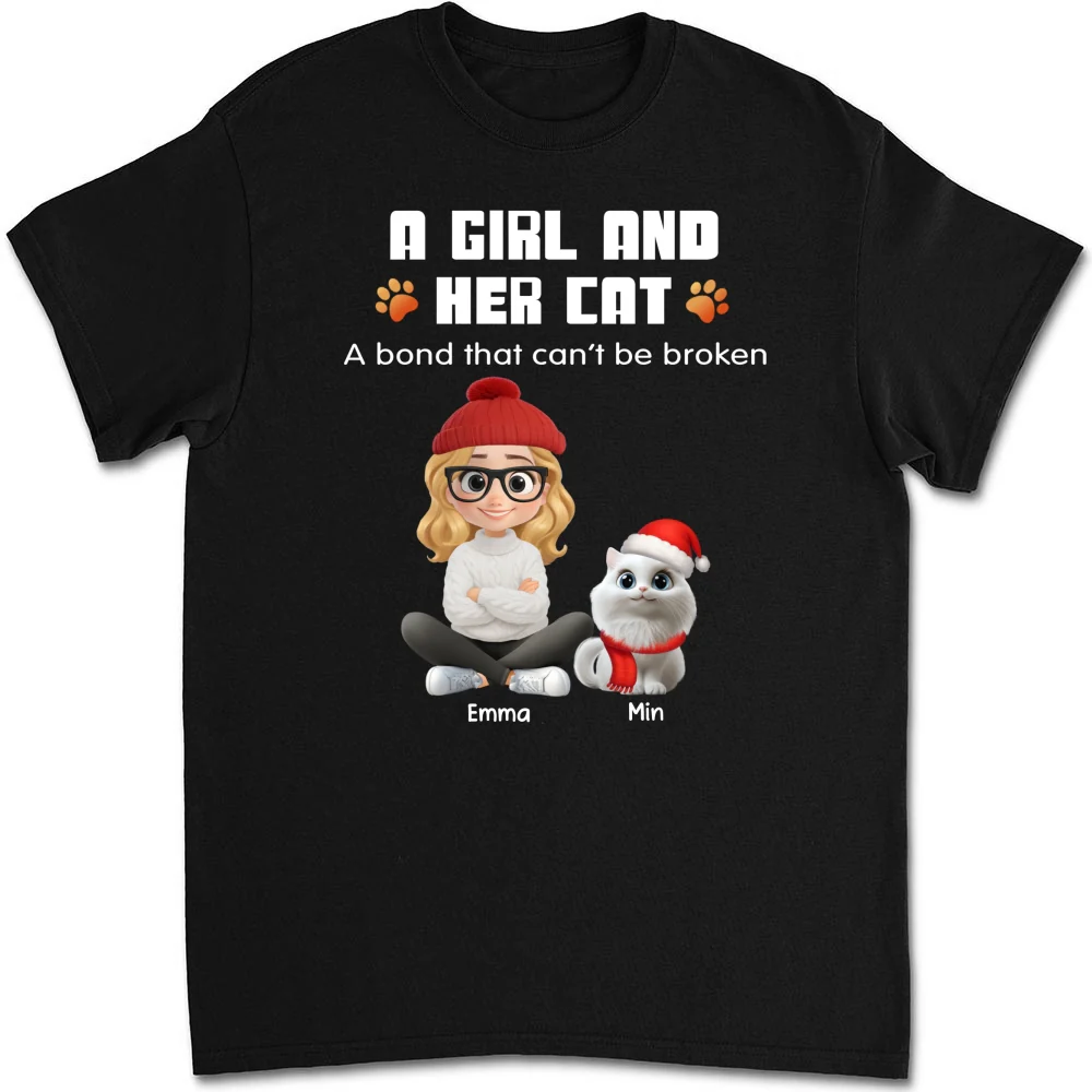 Human And Their Cat Cartoon Christmas - Personalized Custom Unisex T-shirt - Image 5