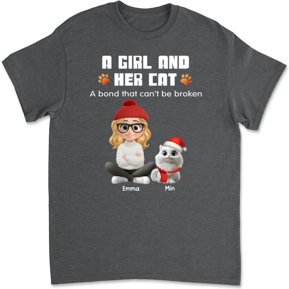 Human And Their Cat Cartoon Christmas - Personalized Custom Unisex T-shirt - Image 9